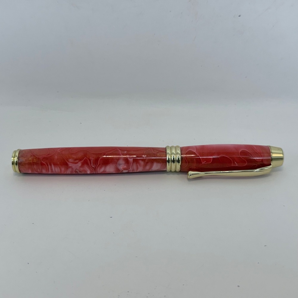 Handmade Red Marbled Acrylic Rollerball Pen Gold Trim Custom Turned Writing Tool